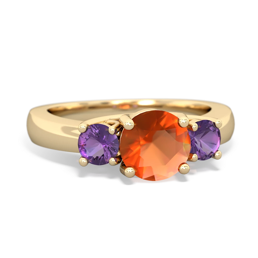 Fire Opal Three Stone Round Trellis 14K Yellow Gold ring R4018