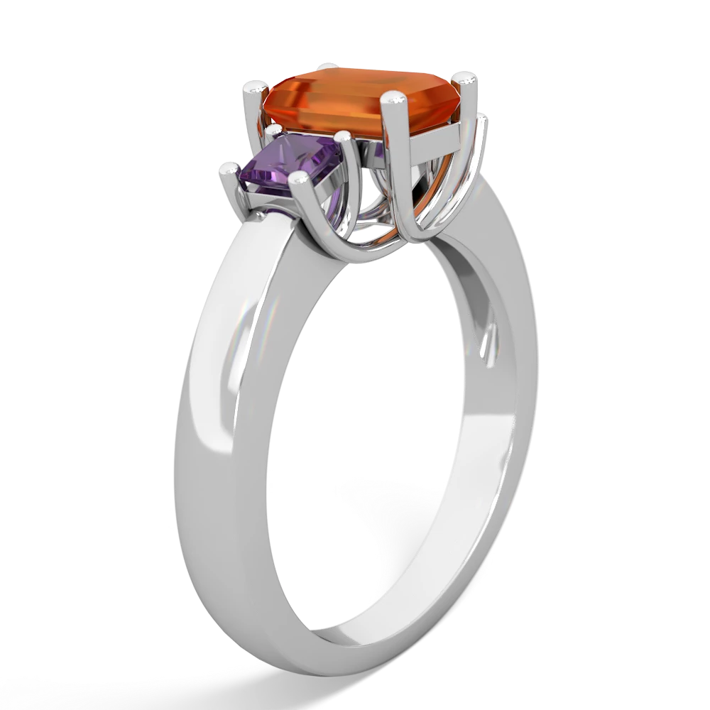 Fire Opal Three Stone Emerald-Cut Trellis 14K White Gold ring R4021