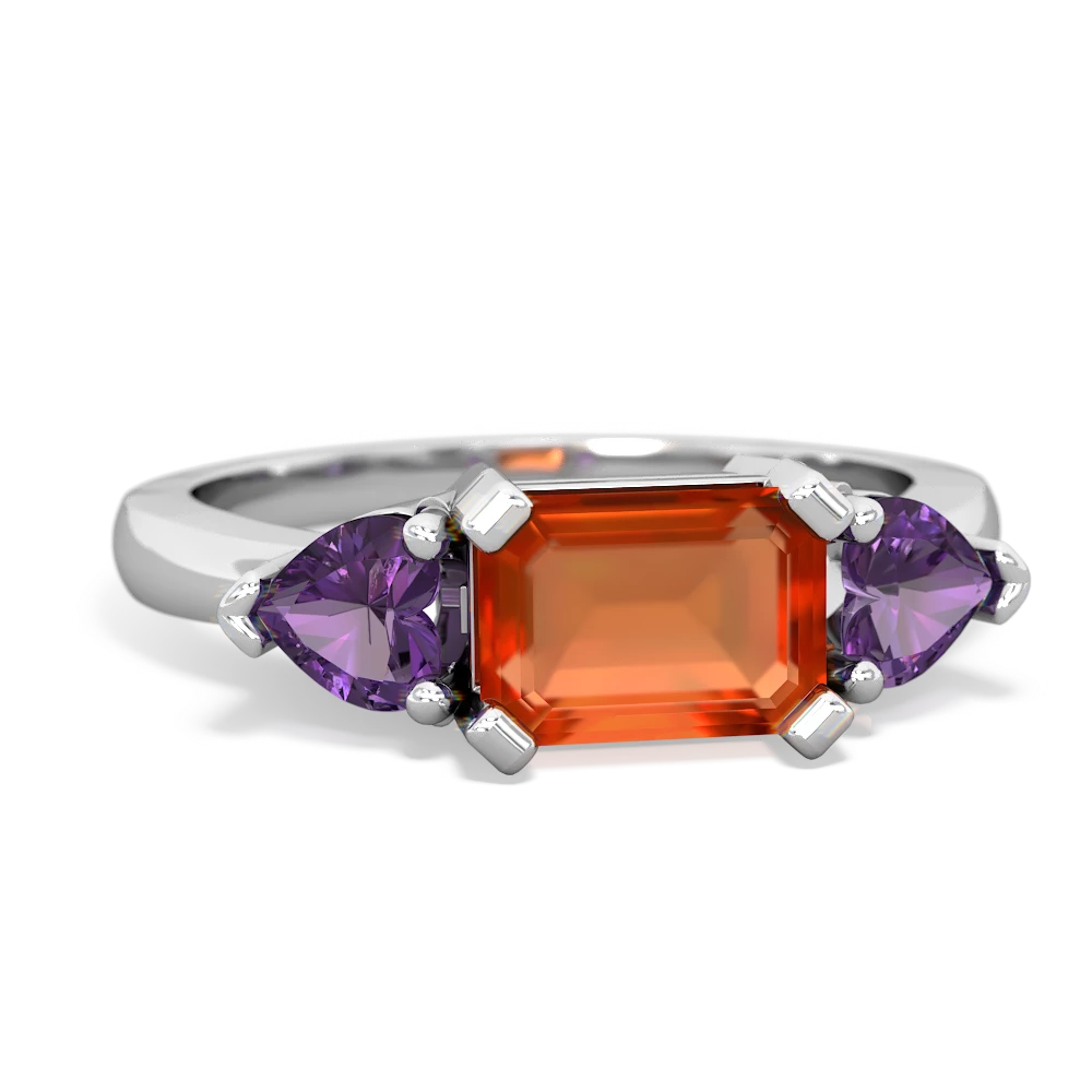 Fire Opal Three Stone 14K White Gold ring R5235