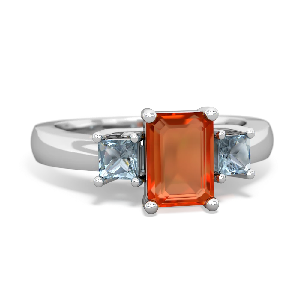 Fire Opal Three Stone Emerald-Cut Trellis 14K White Gold ring R4021