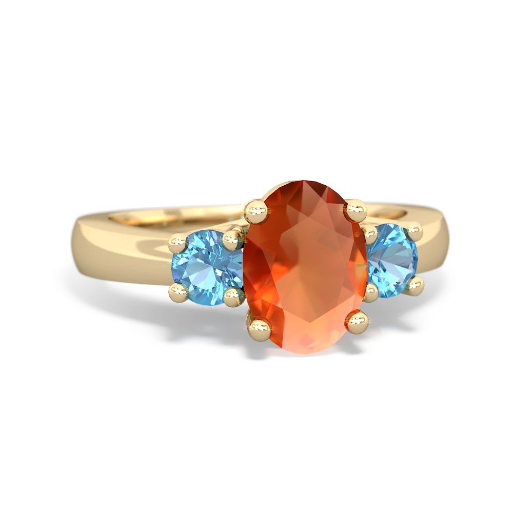 Fire Opal Three Stone Oval Trellis 14K Yellow Gold ring R4024