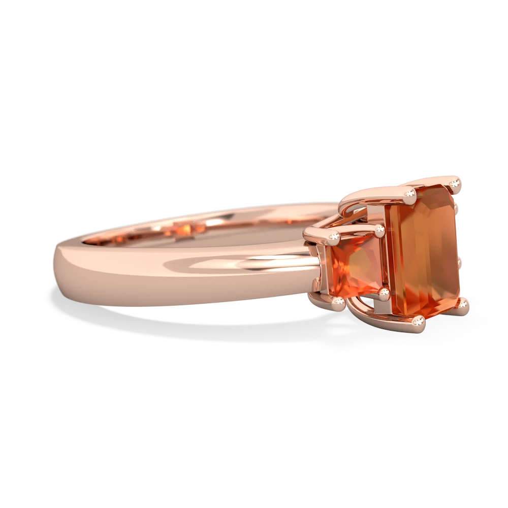 Lab Pink Sapphire Three Stone Emerald-Cut Trellis 14K Rose Gold ring R4021