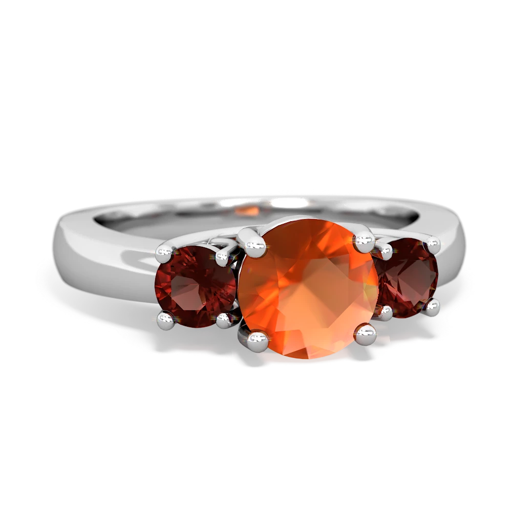 Fire Opal Three Stone Round Trellis 14K White Gold ring R4018