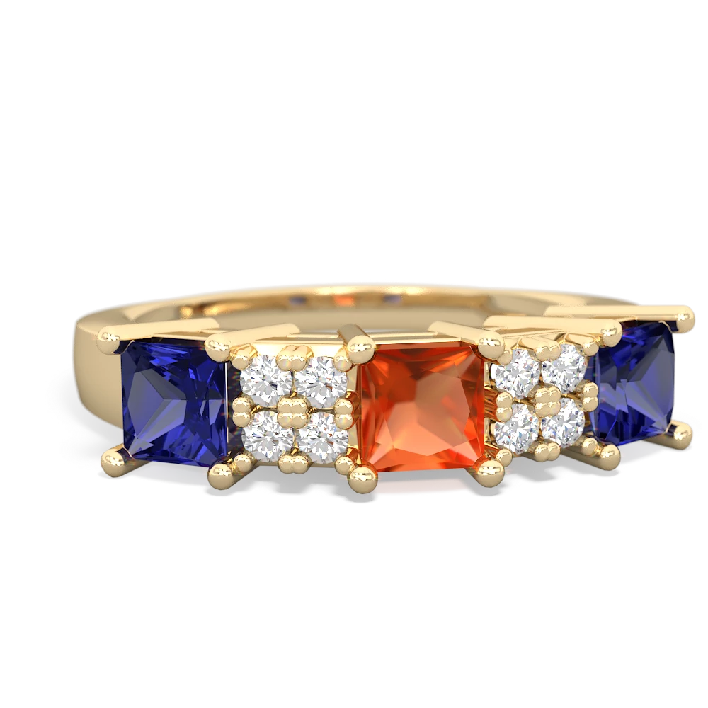 Fire Opal Three Stone Diamond Cluster 14K Yellow Gold ring R2592