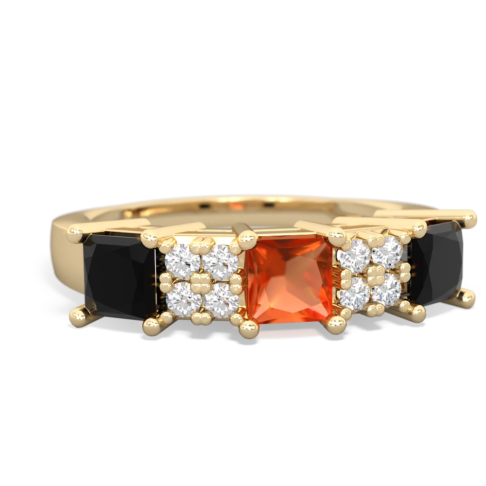 Fire Opal Three Stone Diamond Cluster 14K Yellow Gold ring R2592