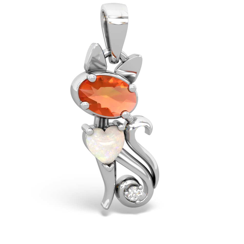 Fire Opal Kitten 14K White Gold pendant P5780