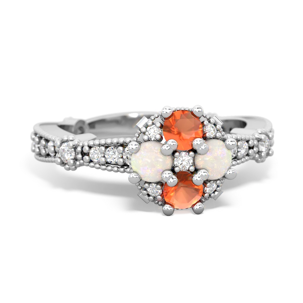 Fire Opal Sparkling Tiara Cluster 14K White Gold ring R26293RD