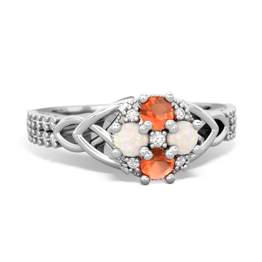 Fire Opal Celtic Knot Cluster Engagement 14K White Gold ring R26443RD