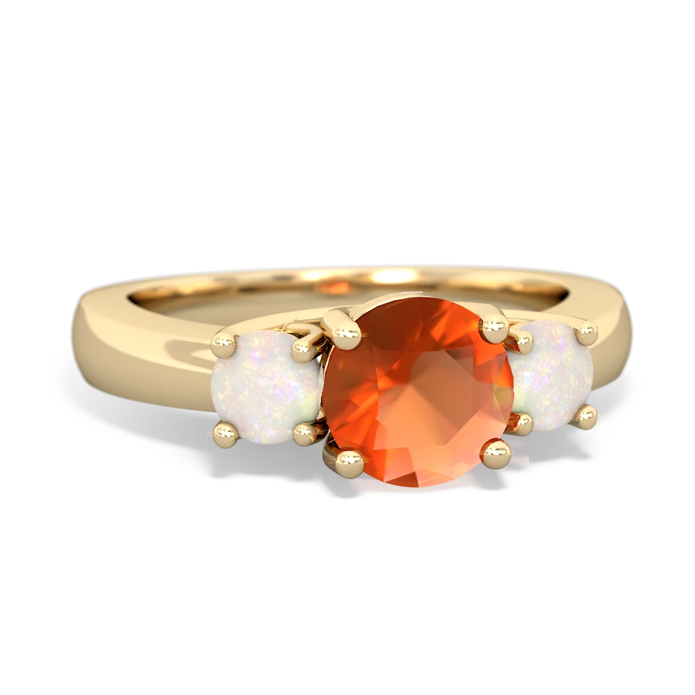 Fire Opal Three Stone Round Trellis 14K Yellow Gold ring R4018