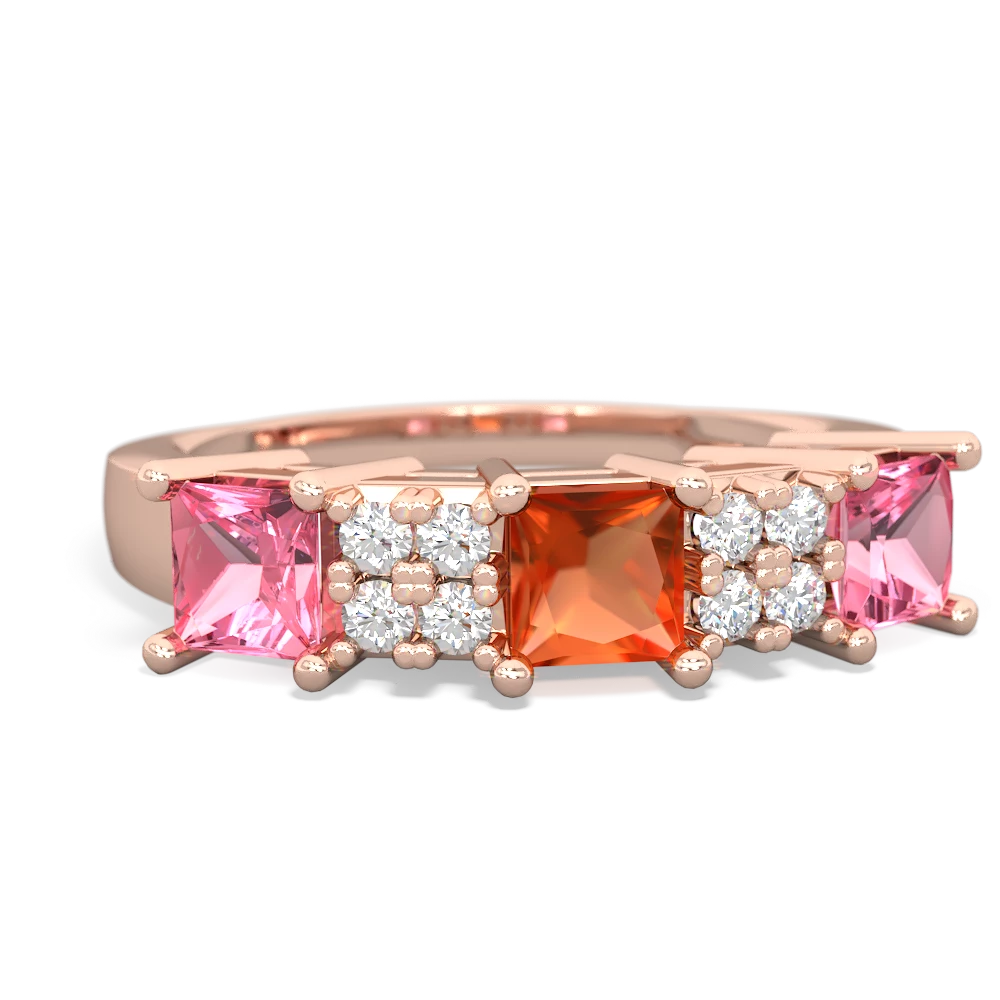 Fire Opal Three Stone Diamond Cluster 14K Rose Gold ring R2592