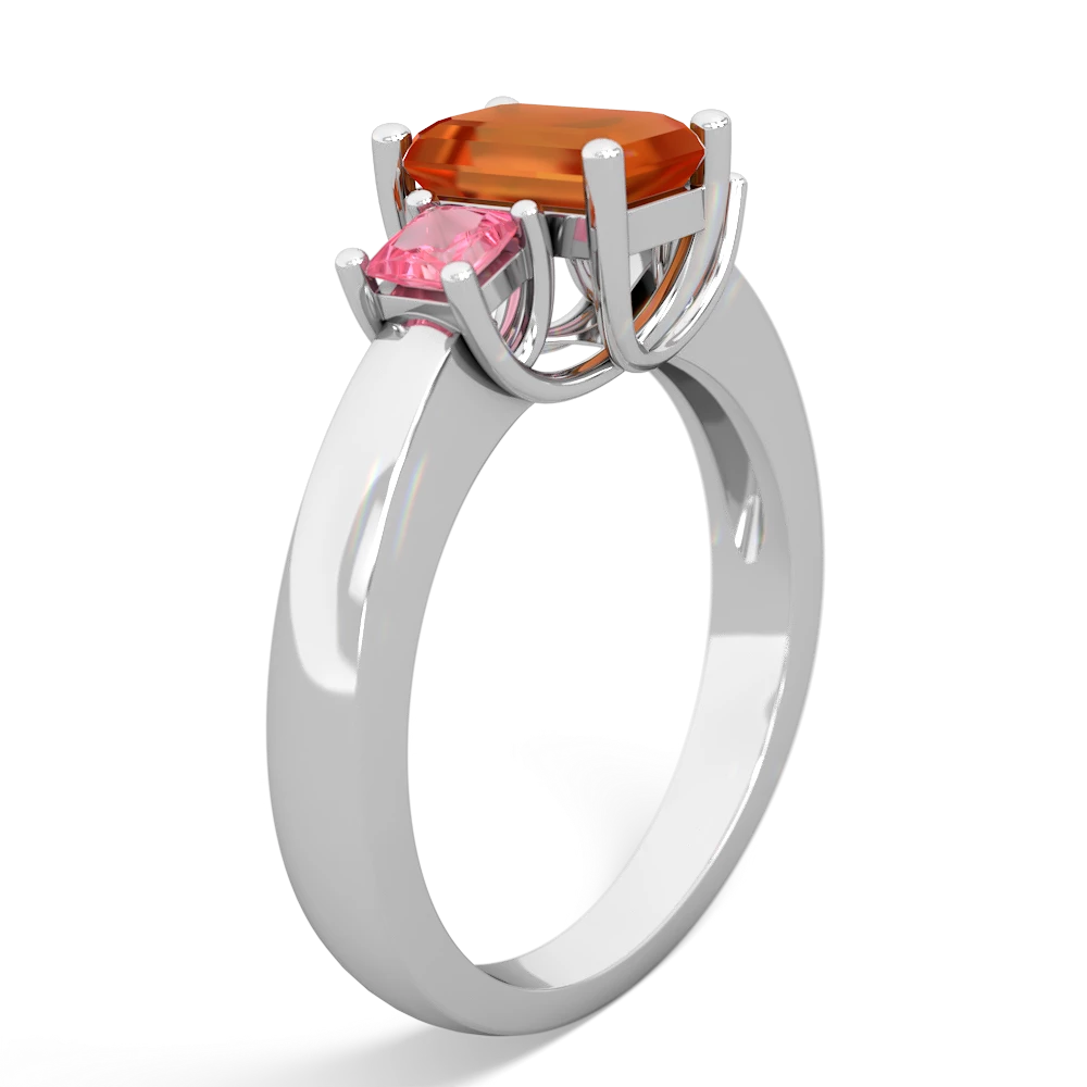 Fire Opal Three Stone Emerald-Cut Trellis 14K White Gold ring R4021