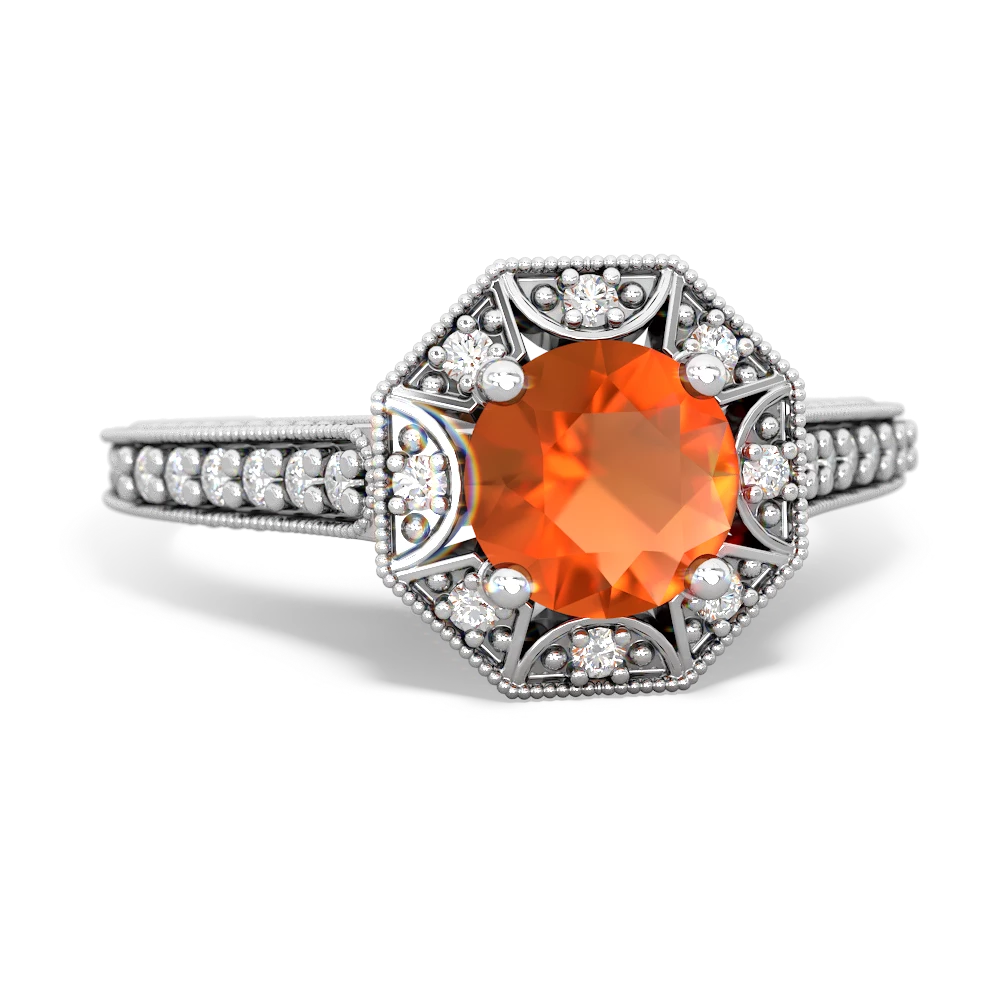 Fire Opal Art-Deco Starburst 14K White Gold ring R5520