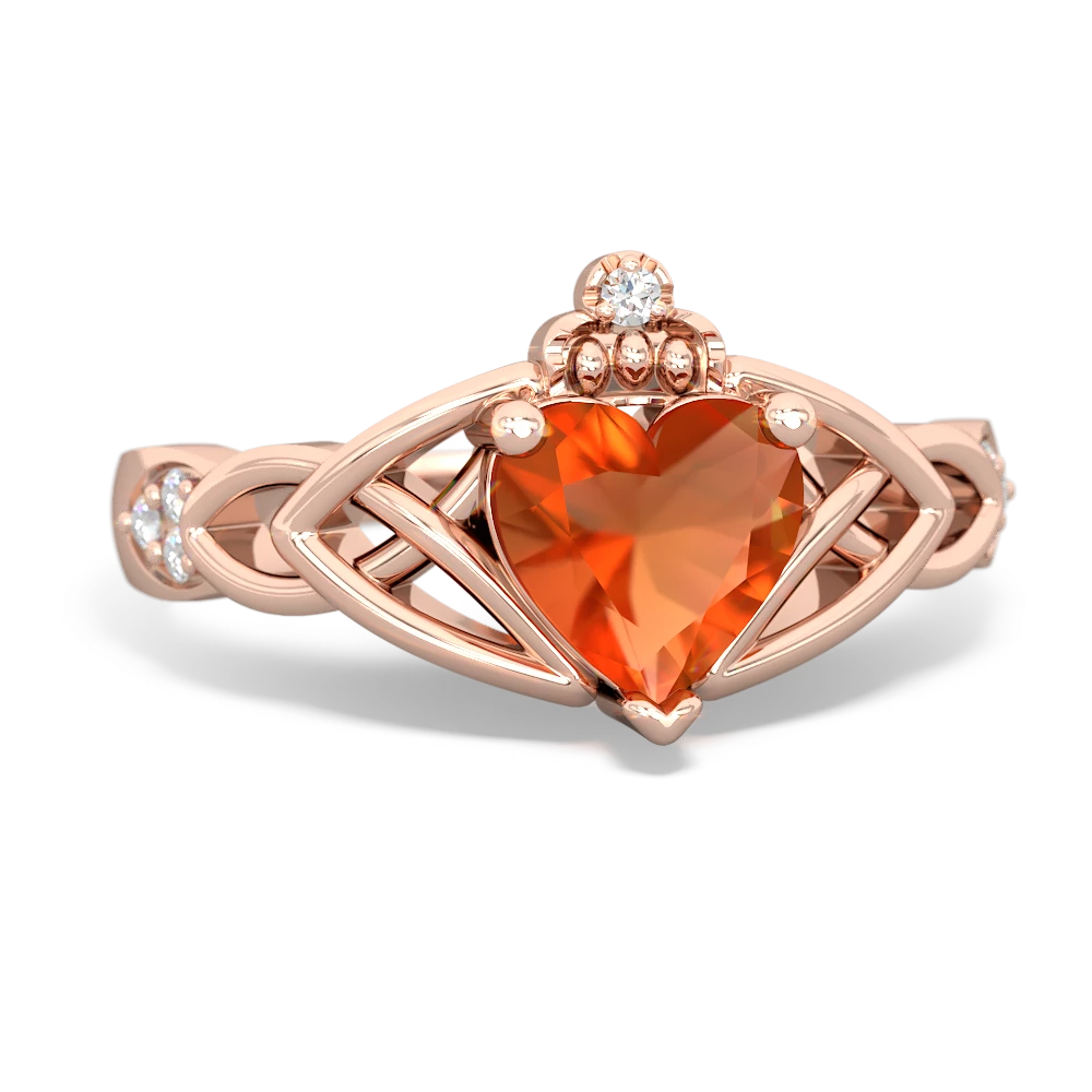 Fire Opal Claddagh Celtic Knot Diamond 14K Rose Gold ring R5001