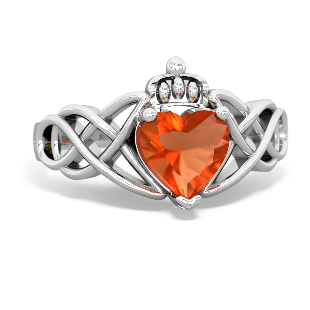 Fire Opal Claddagh Celtic Knot 14K White Gold ring R2367