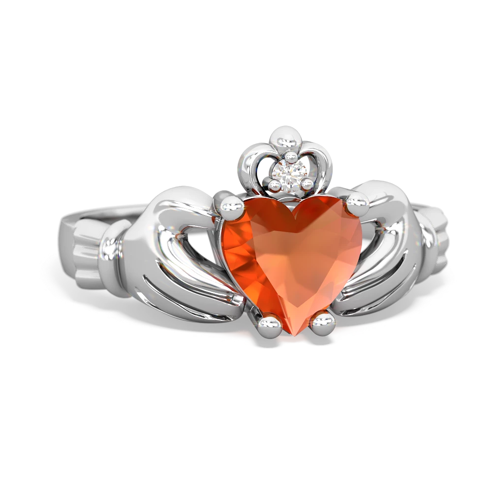 Fire Opal Claddagh Diamond Crown 14K White Gold ring R2372