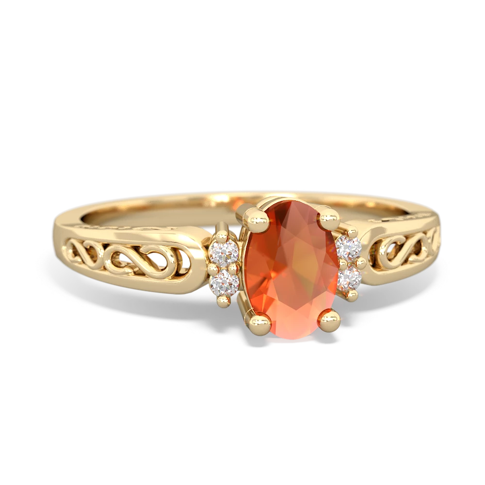 Fire Opal Filligree Scroll Oval 14K Yellow Gold ring R0812