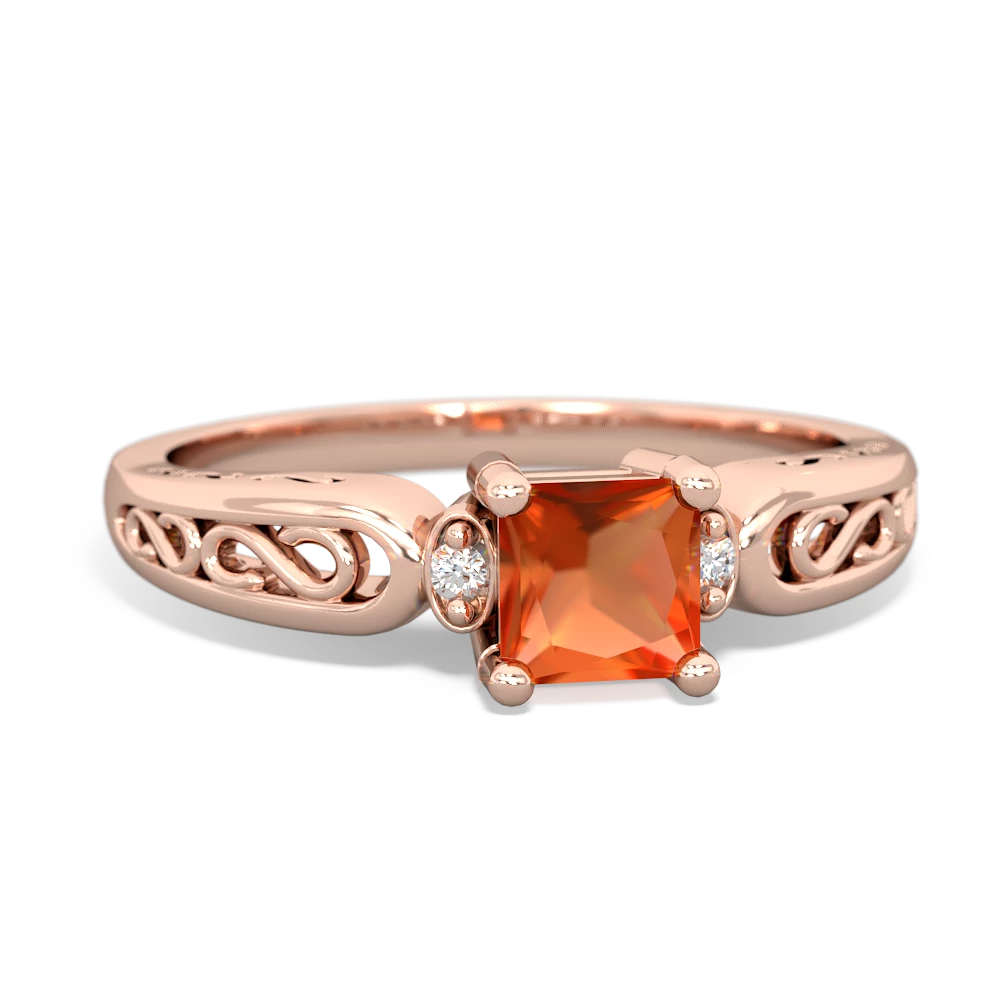 Fire Opal Filligree Scroll Square 14K Rose Gold ring R2430