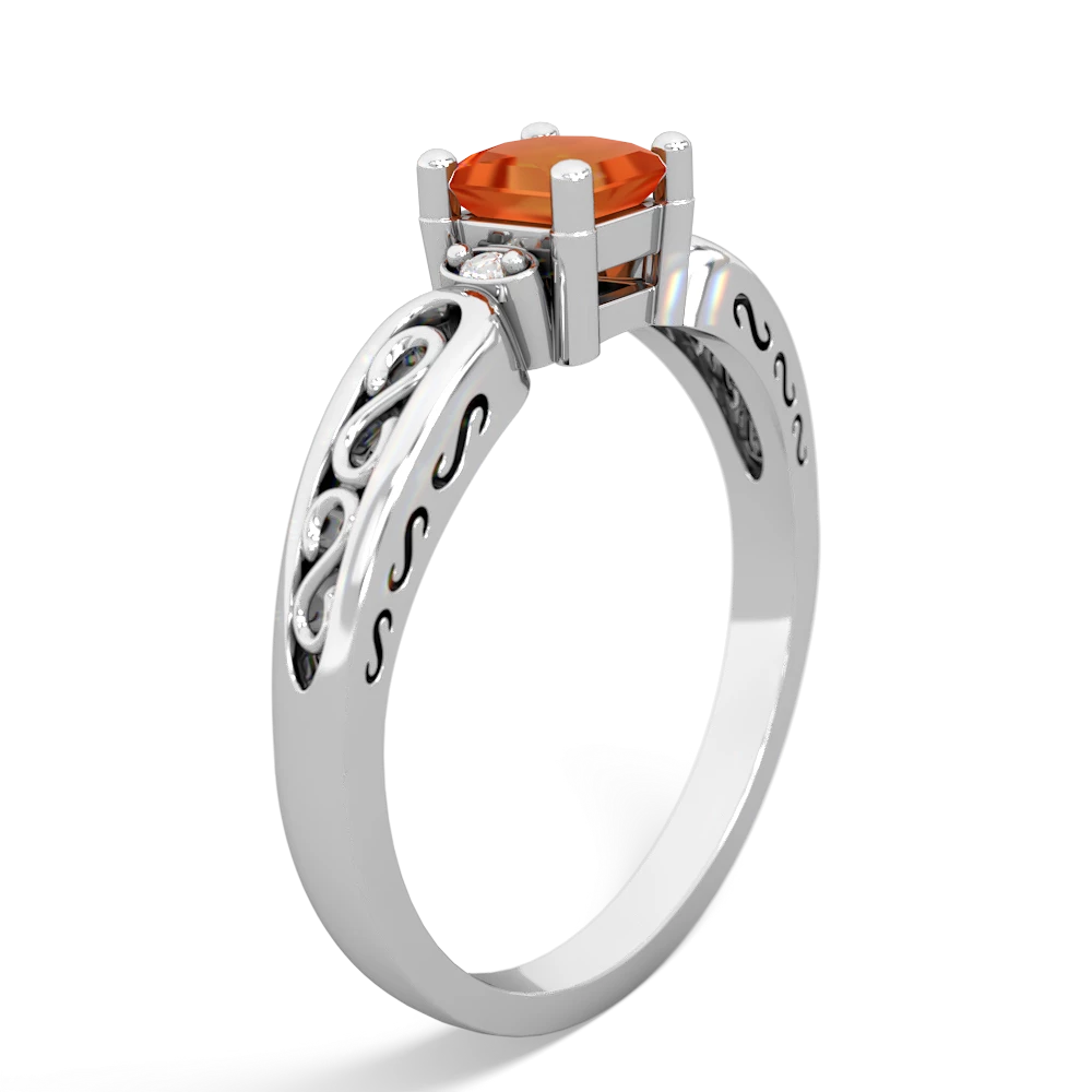 Fire Opal Filligree Scroll Square 14K White Gold ring R2430