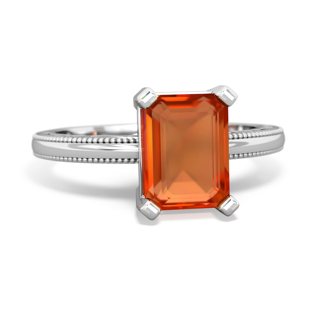 Fire Opal Milgrain Scroll 14K White Gold ring R2338