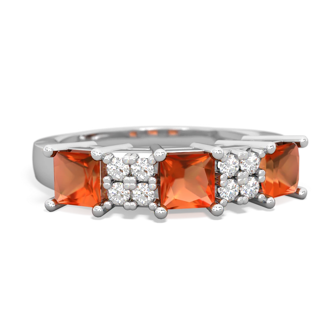 Fire Opal Three Stone Diamond Cluster 14K White Gold ring R2592