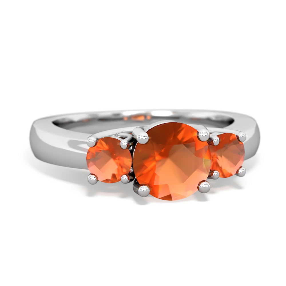 Fire Opal Three Stone Round Trellis 14K White Gold ring R4018