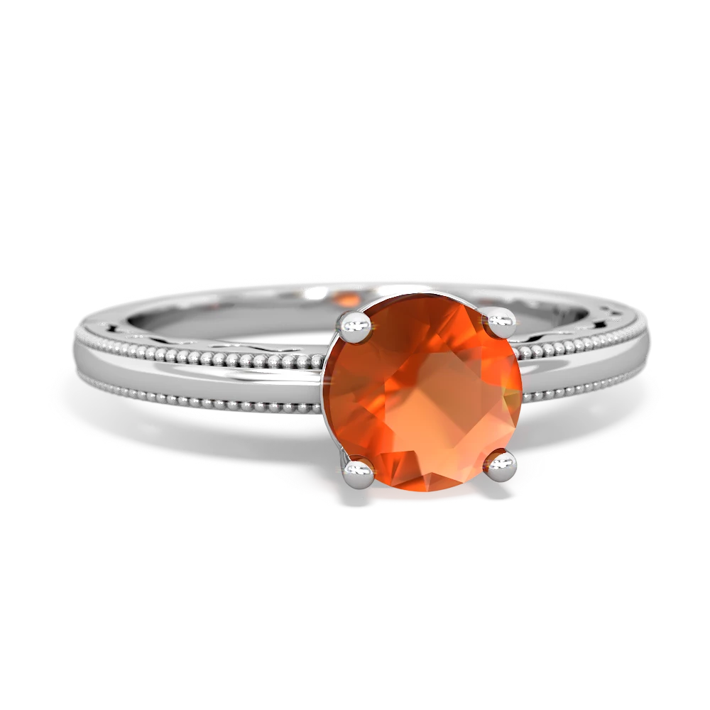 Fire Opal Milgrain Filigree 14K White Gold ring R5090