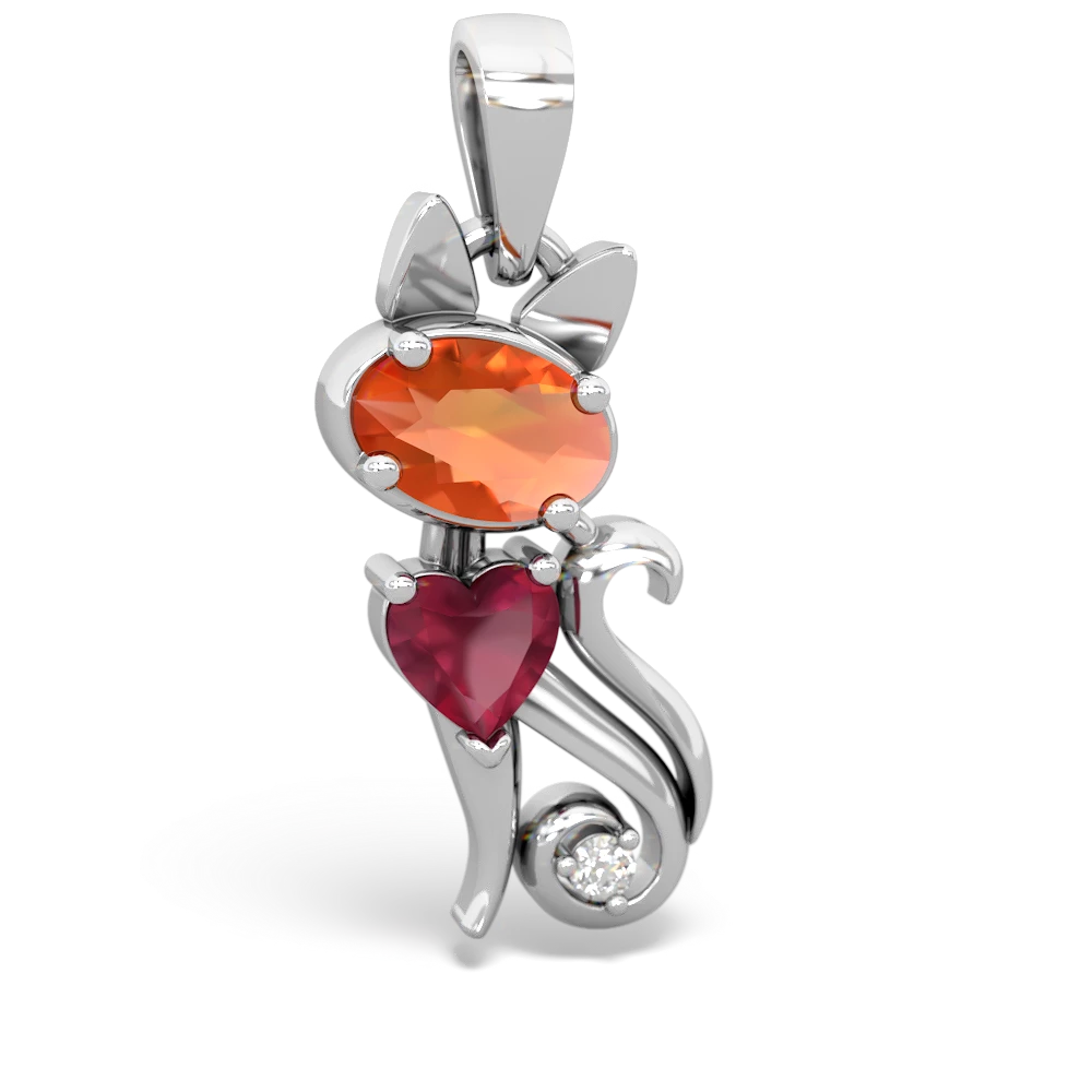 Fire Opal Kitten 14K White Gold pendant P5780