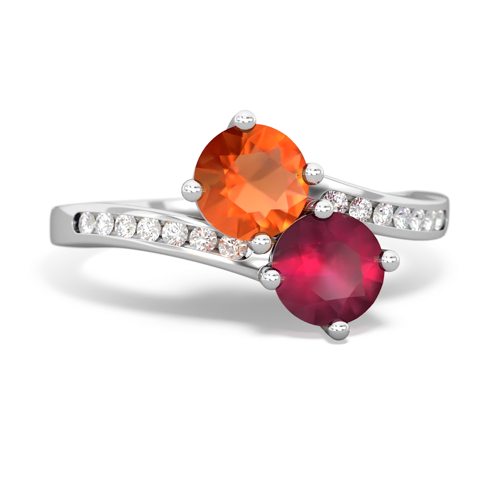 Fire Opal Channel Set Two Stone 14K White Gold ring R5303