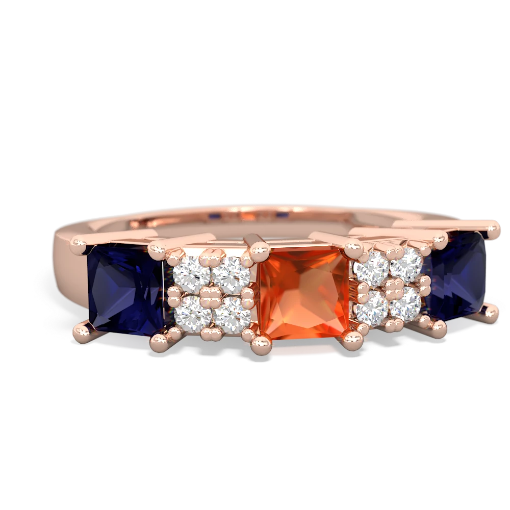 Fire Opal Three Stone Diamond Cluster 14K Rose Gold ring R2592