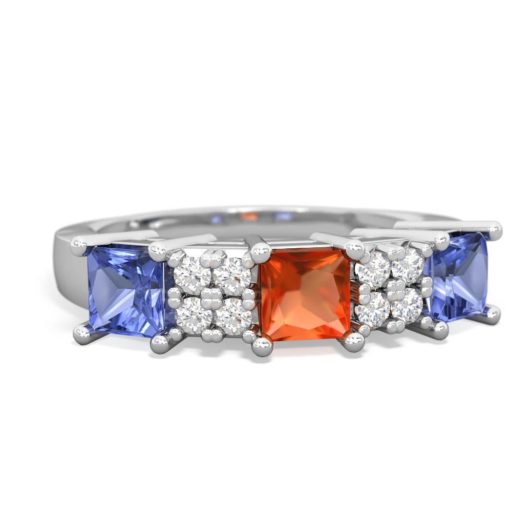 Fire Opal Three Stone Diamond Cluster 14K White Gold ring R2592