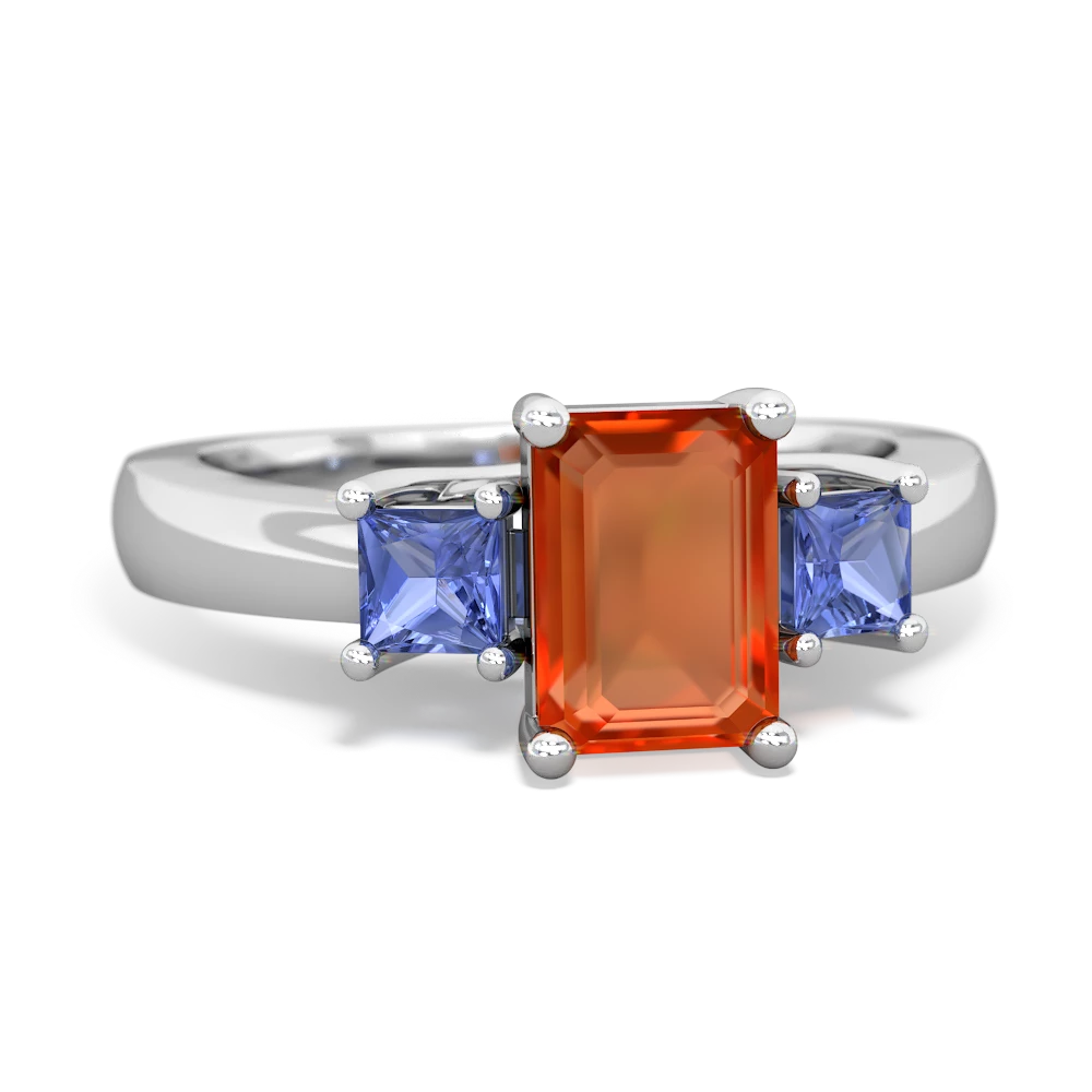 Fire Opal Three Stone Emerald-Cut Trellis 14K White Gold ring R4021