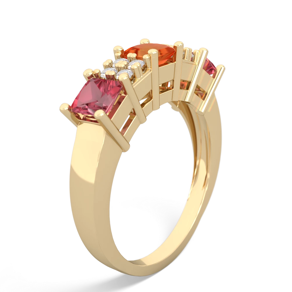 Fire Opal Three Stone Diamond Cluster 14K Yellow Gold ring R2592