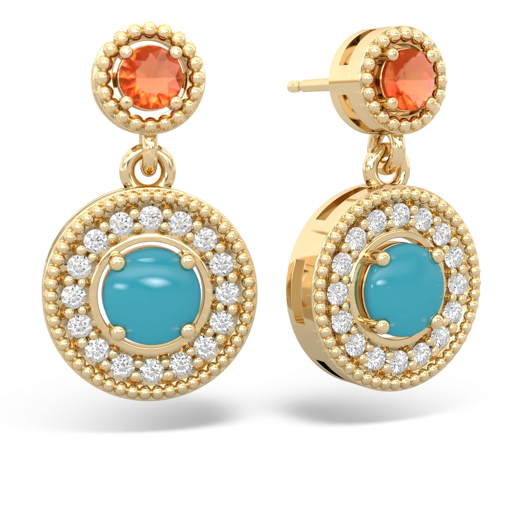 Fire Opal Halo Dangle 14K Yellow Gold earrings E5319