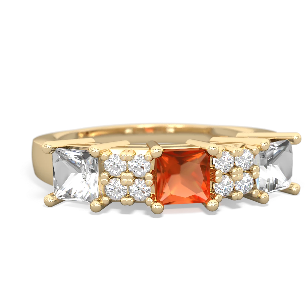 Fire Opal Three Stone Diamond Cluster 14K Yellow Gold ring R2592