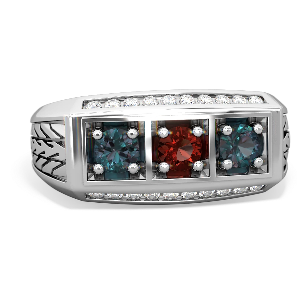 Garnet Three Stone Tire Tread Men's 14K White Gold ring R0520