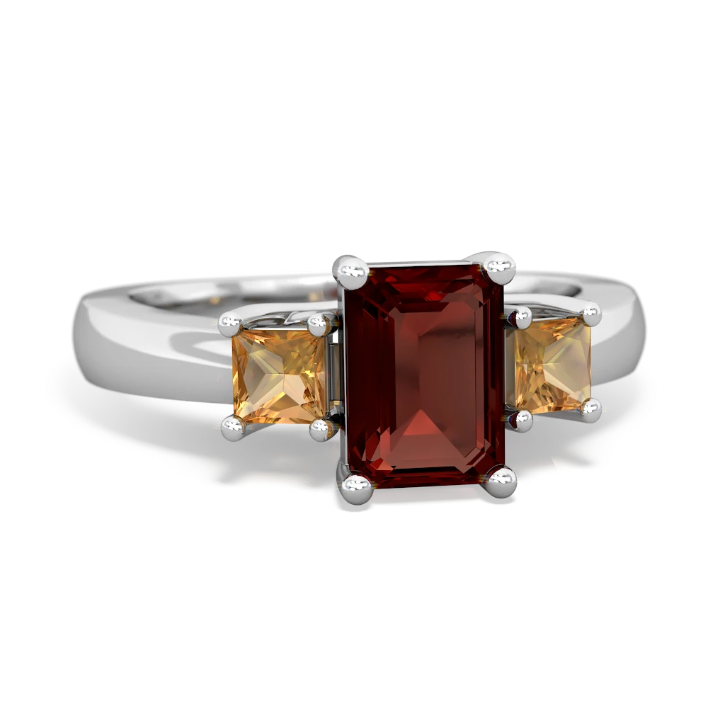 Garnet Three Stone Emerald-Cut Trellis 14K White Gold ring R4021