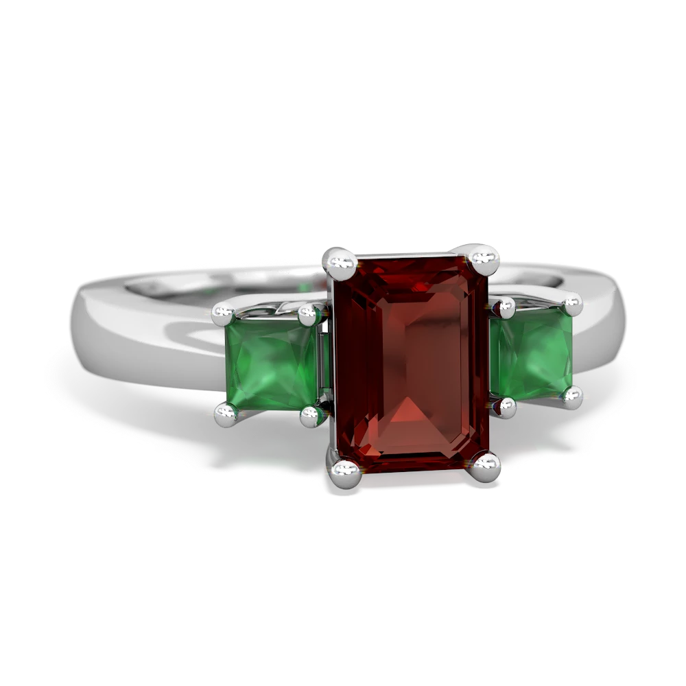 Garnet Three Stone Emerald-Cut Trellis 14K White Gold ring R4021