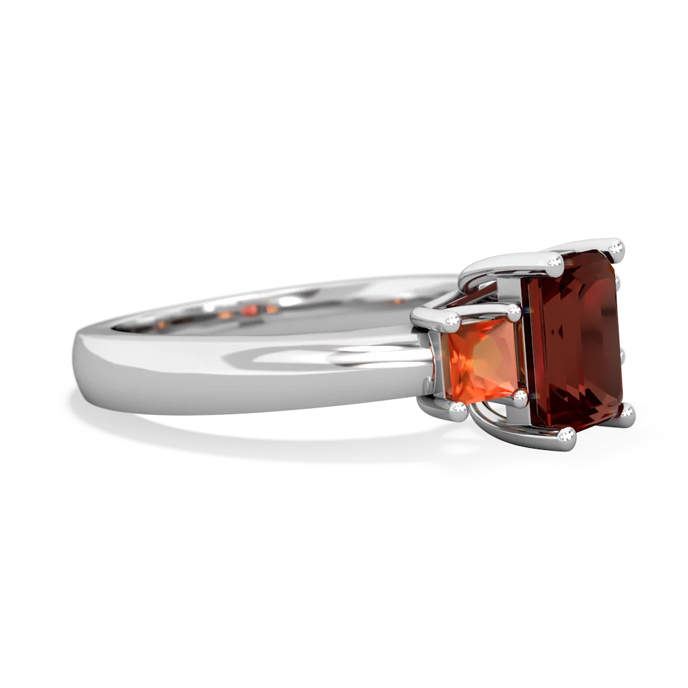 Garnet Three Stone Emerald-Cut Trellis 14K White Gold ring R4021