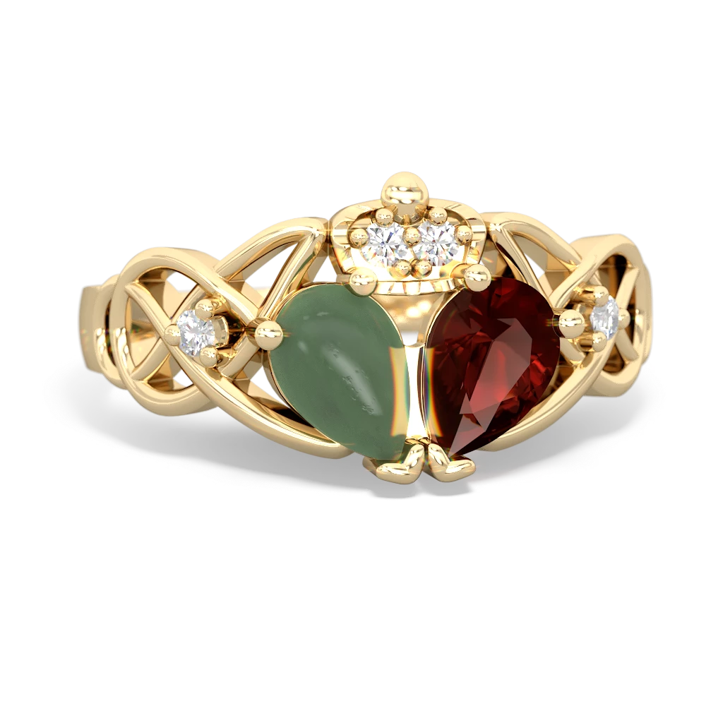 Garnet 'One Heart' Celtic Knot Claddagh 14K Yellow Gold ring R5322