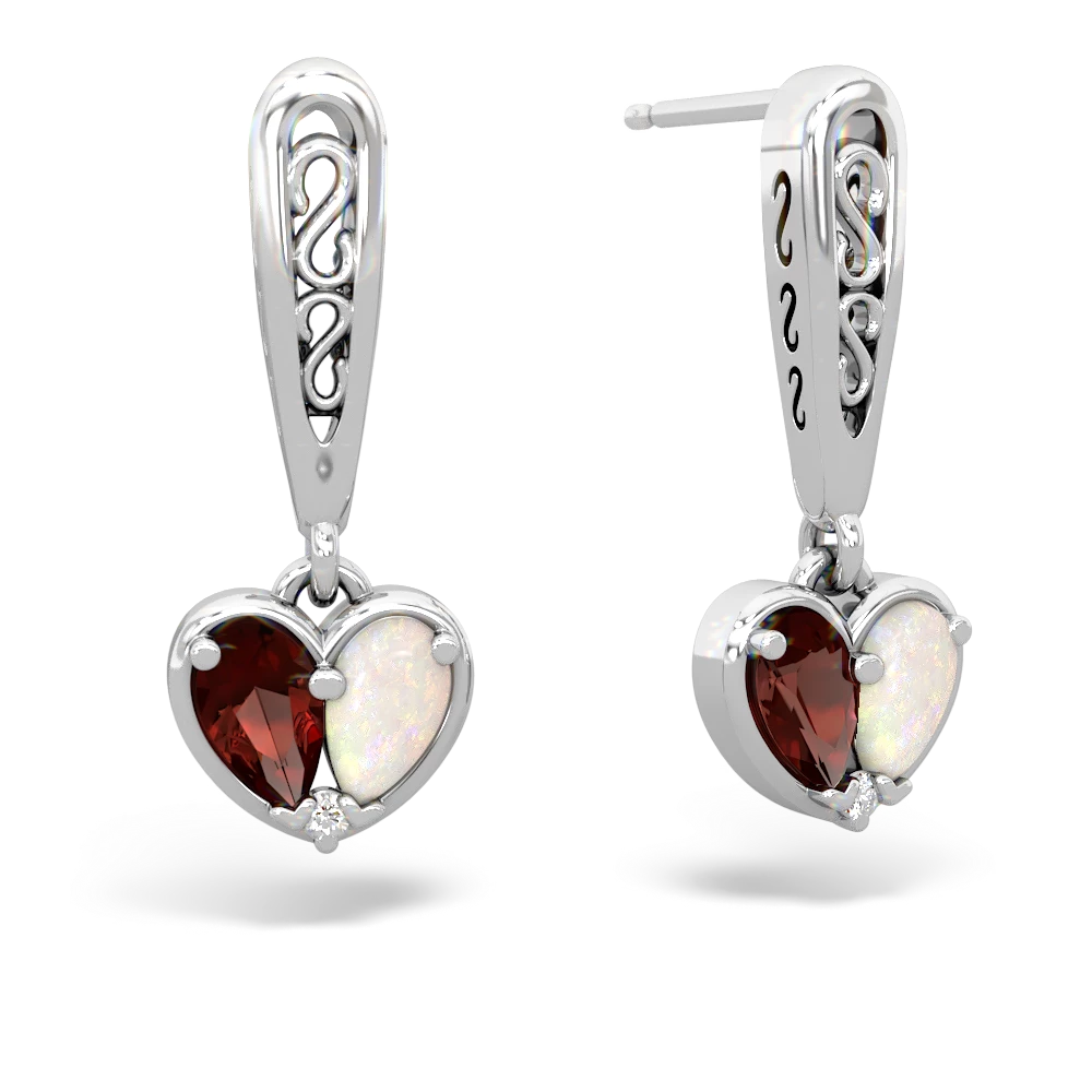 Garnet Filligree Heart 14K White Gold earrings E5070