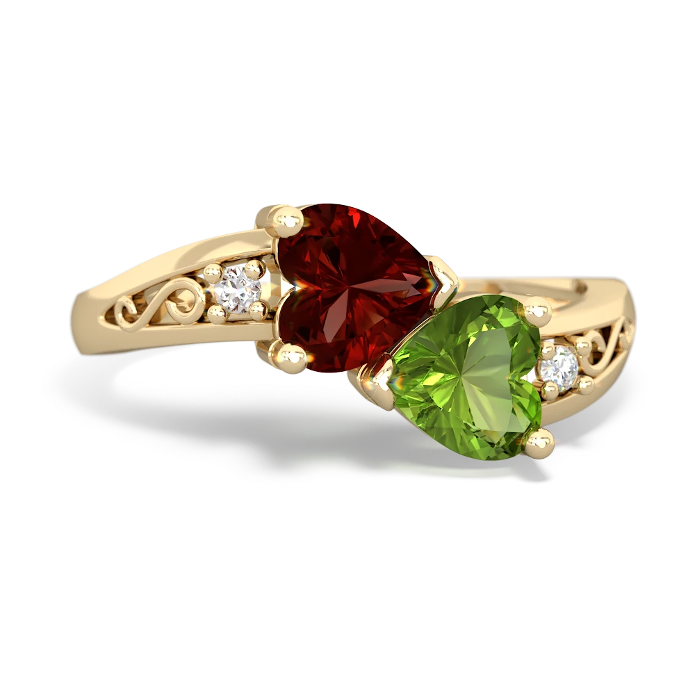 Garnet Snuggling Hearts 14K Yellow Gold ring R2178