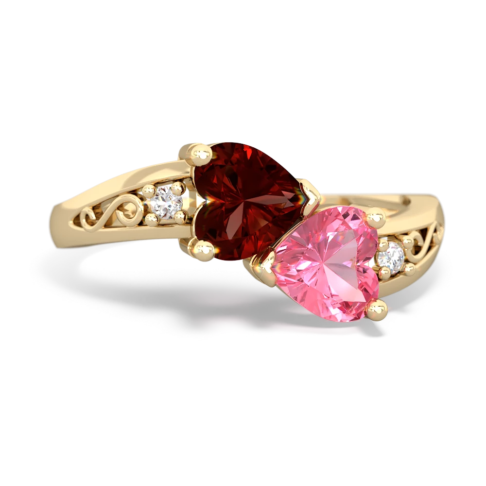 Garnet Snuggling Hearts 14K Yellow Gold ring R2178