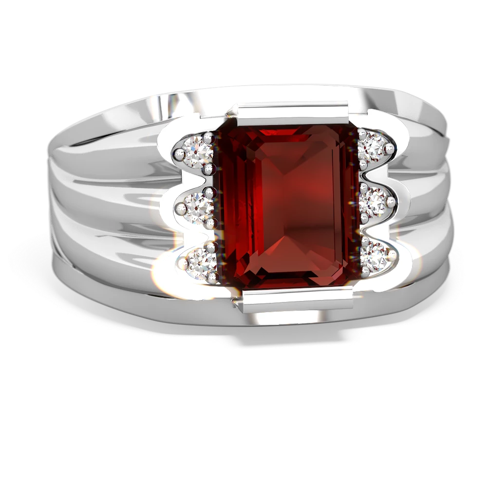 Garnet Men's 9X7mm Emerald-Cut 14K White Gold ring R1835