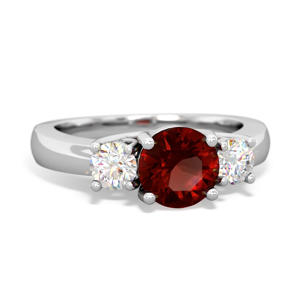 Garnet Diamond Three Stone Round Trellis 14K White Gold ring R4018