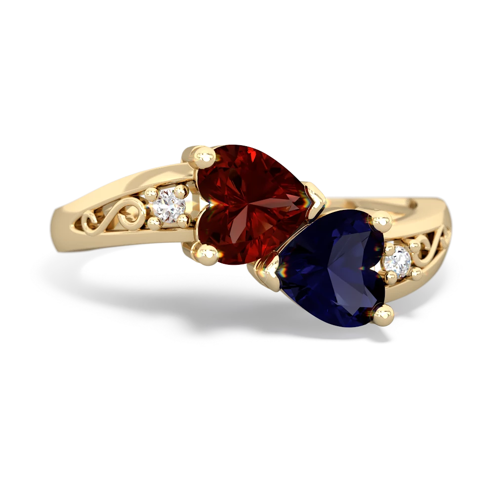 Garnet Snuggling Hearts 14K Yellow Gold ring R2178