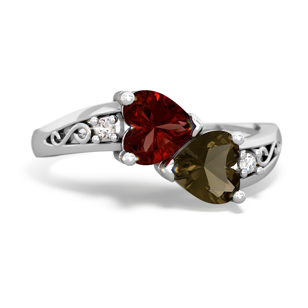 Garnet Snuggling Hearts 14K White Gold ring R2178