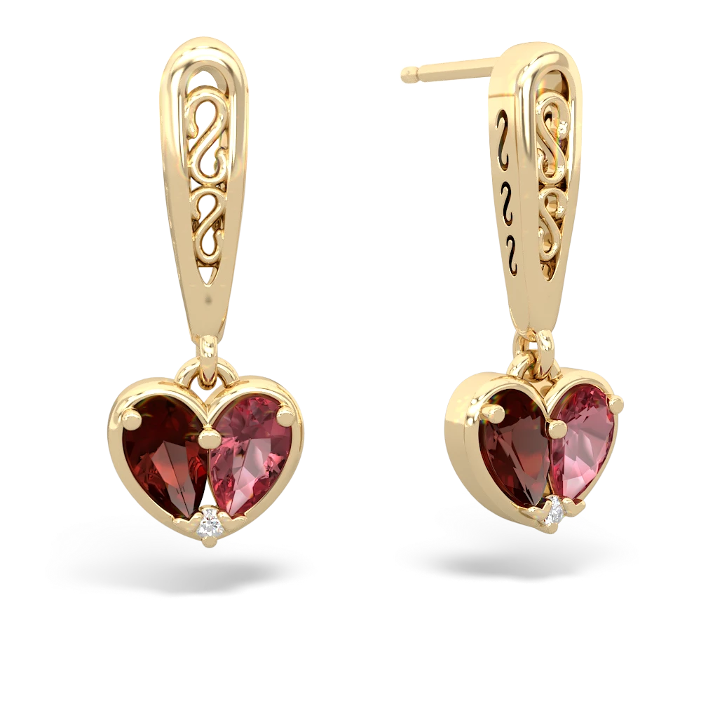 Garnet Filligree Heart 14K Yellow Gold earrings E5070