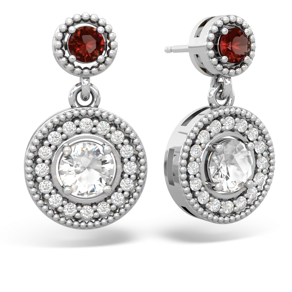 Garnet Halo Dangle 14K White Gold earrings E5319