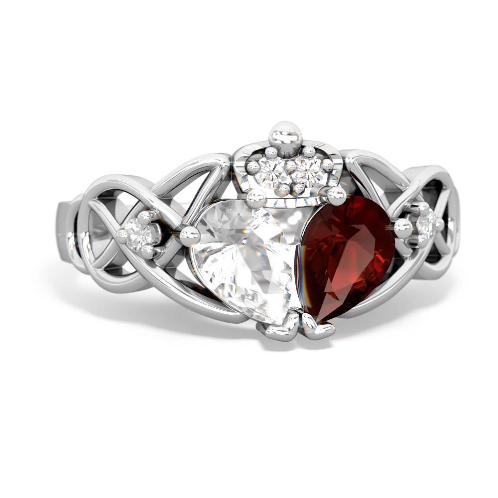 Garnet 'One Heart' Celtic Knot Claddagh 14K White Gold ring R5322