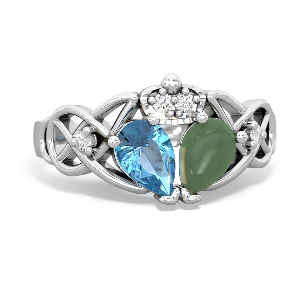 Jade 'One Heart' Celtic Knot Claddagh 14K White Gold ring R5322